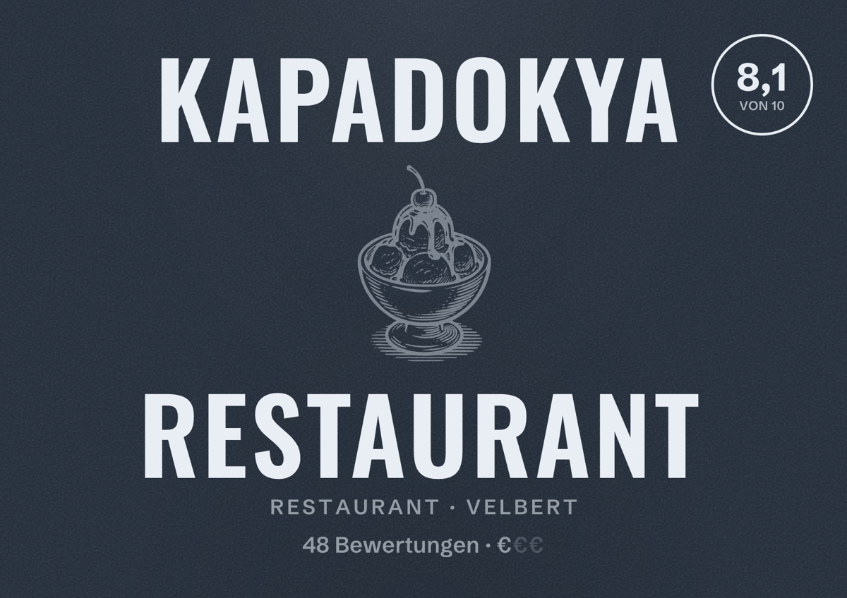 Illustriertes Poster von Kapadokya Restaurant, Restaurant in Velbert: Bewertung 8,1 von 10 aus 48 Bewertungen, Preisniveau €