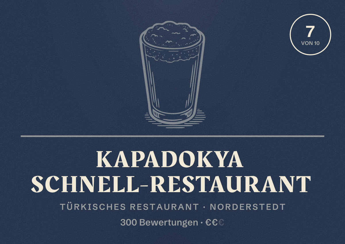 Illustriertes Poster von Kapadokya Schnell-Restaurant, Türkisches Restaurant in Norderstedt: Bewertung 7 von 10 aus 300 Bewertungen, Preisniveau €€