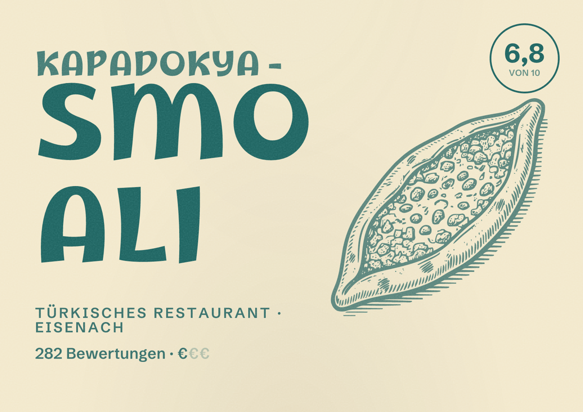Illustriertes Poster von Kapadokya - Smo ALI, Türkisches Restaurant in Eisenach: Bewertung 6,8 von 10 aus 282 Bewertungen, Preisniveau €