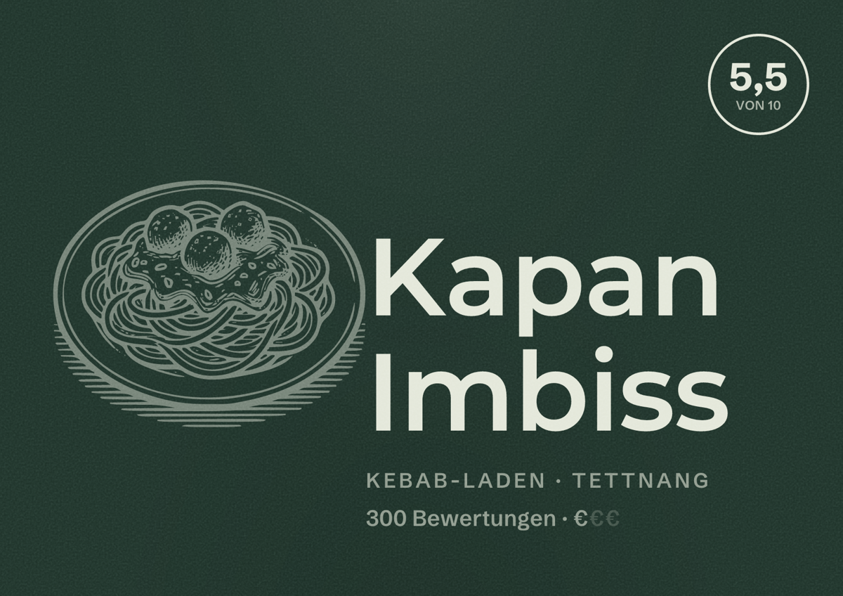 Illustriertes Poster von Kapan Imbiss, Kebab-Laden in Tettnang: Bewertung 5,5 von 10 aus 300 Bewertungen, Preisniveau €