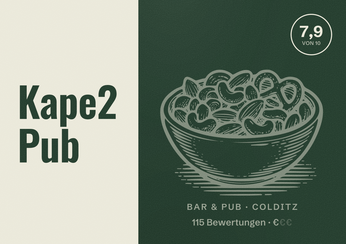 Illustriertes Poster von Kape2 Pub, Bar & Pub in Colditz: Bewertung 7,9 von 10 aus 115 Bewertungen, Preisniveau €