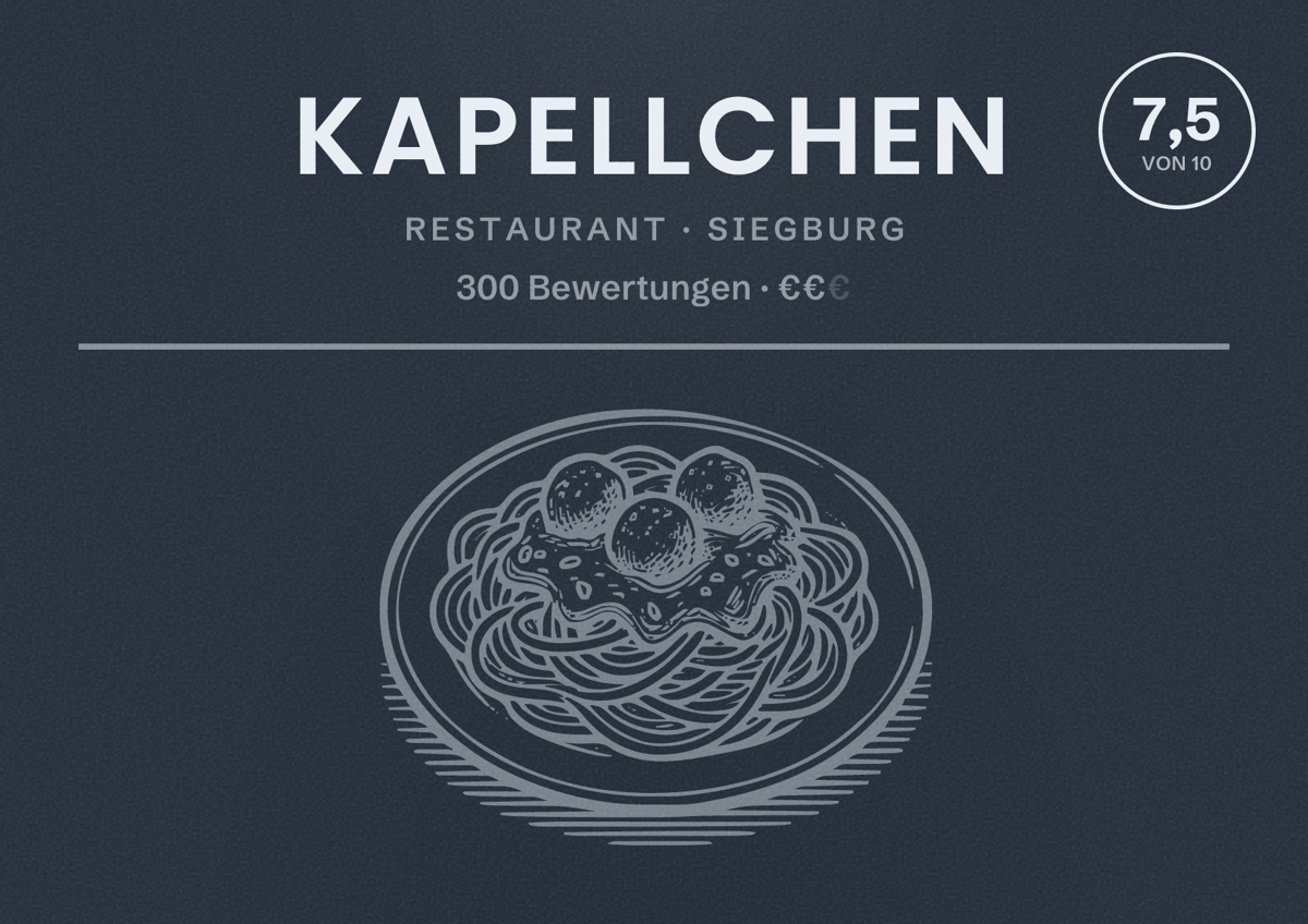 Illustriertes Poster von Kapellchen, Restaurant in Siegburg: Bewertung 7,5 von 10 aus 300 Bewertungen, Preisniveau €€