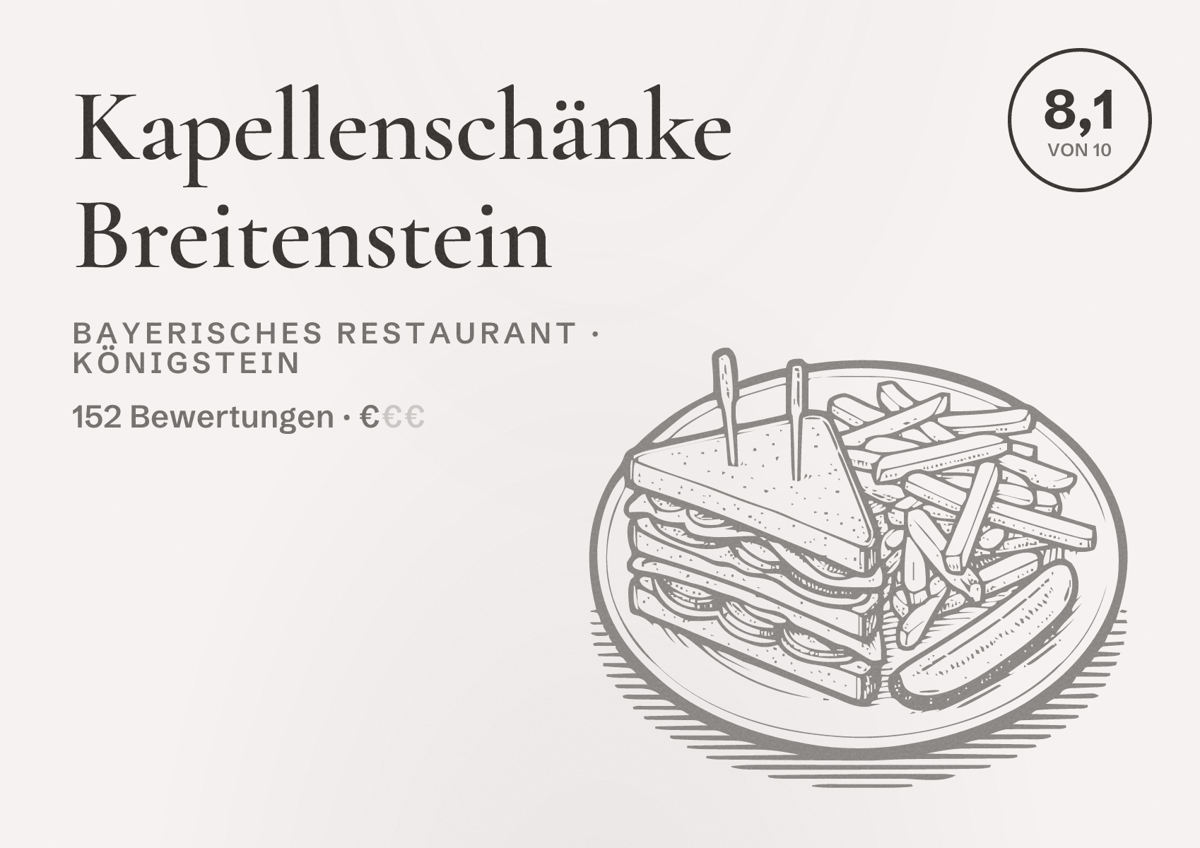 Illustriertes Poster von Kapellenschänke Breitenstein, Bayerisches Restaurant in Königstein: Bewertung 8,1 von 10 aus 152 Bewertungen, Preisniveau €