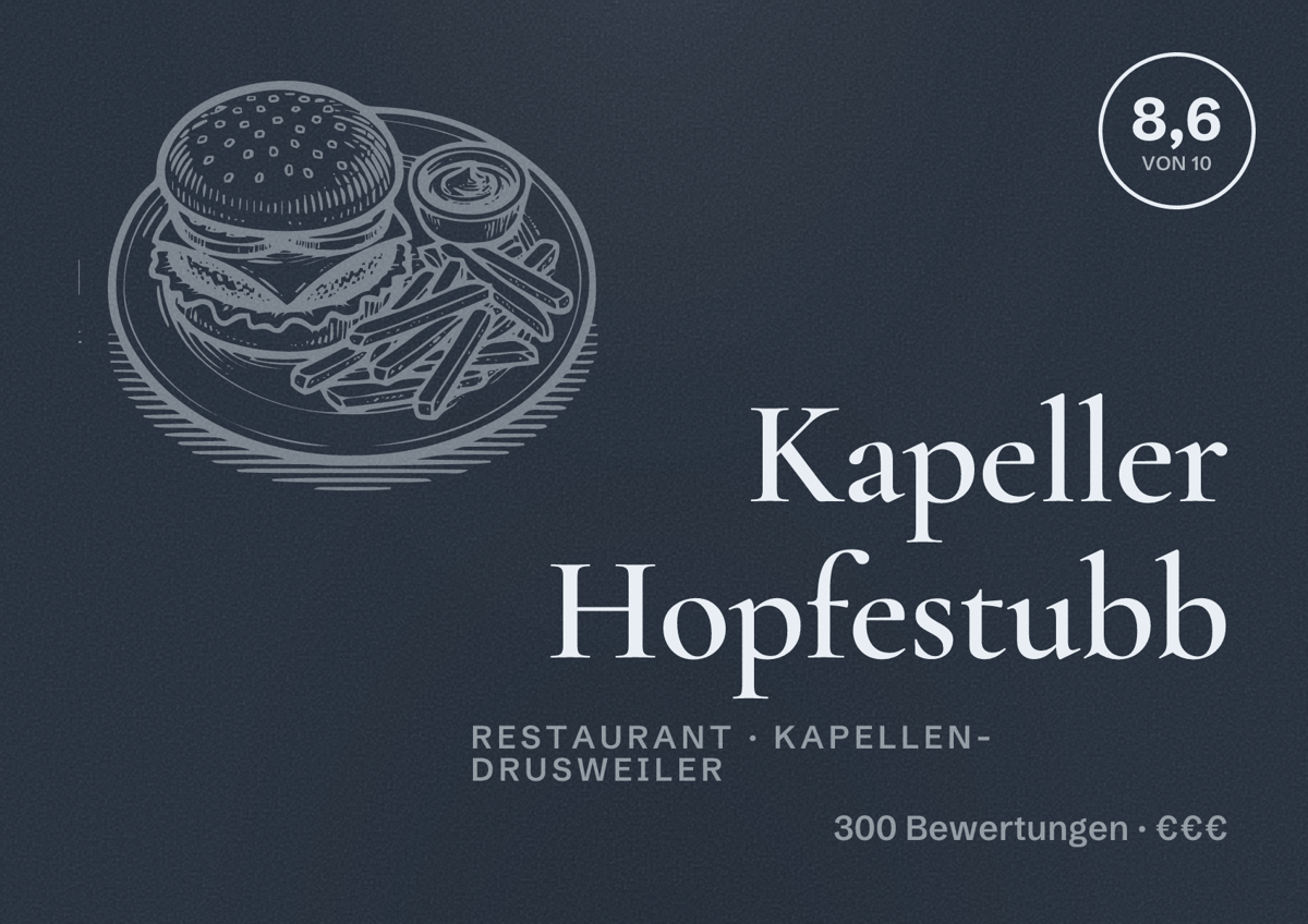 Illustriertes Poster von Kapeller Hopfestubb, Restaurant in Kapellen-Drusweiler: Bewertung 8,6 von 10 aus 300 Bewertungen, Preisniveau €€€