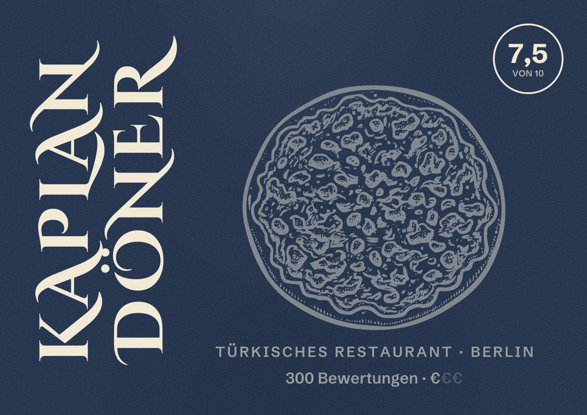 Illustriertes Poster von Kaplan Döner, Türkisches Restaurant in Berlin: Bewertung 7,5 von 10 aus 300 Bewertungen, Preisniveau €