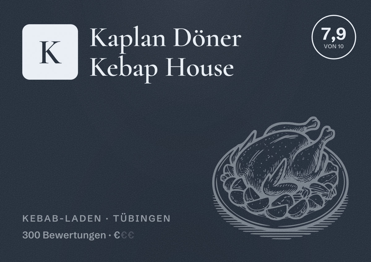 Illustriertes Poster von Kaplan Döner Kebap House, Kebab-Laden in Tübingen: Bewertung 7,9 von 10 aus 300 Bewertungen, Preisniveau €