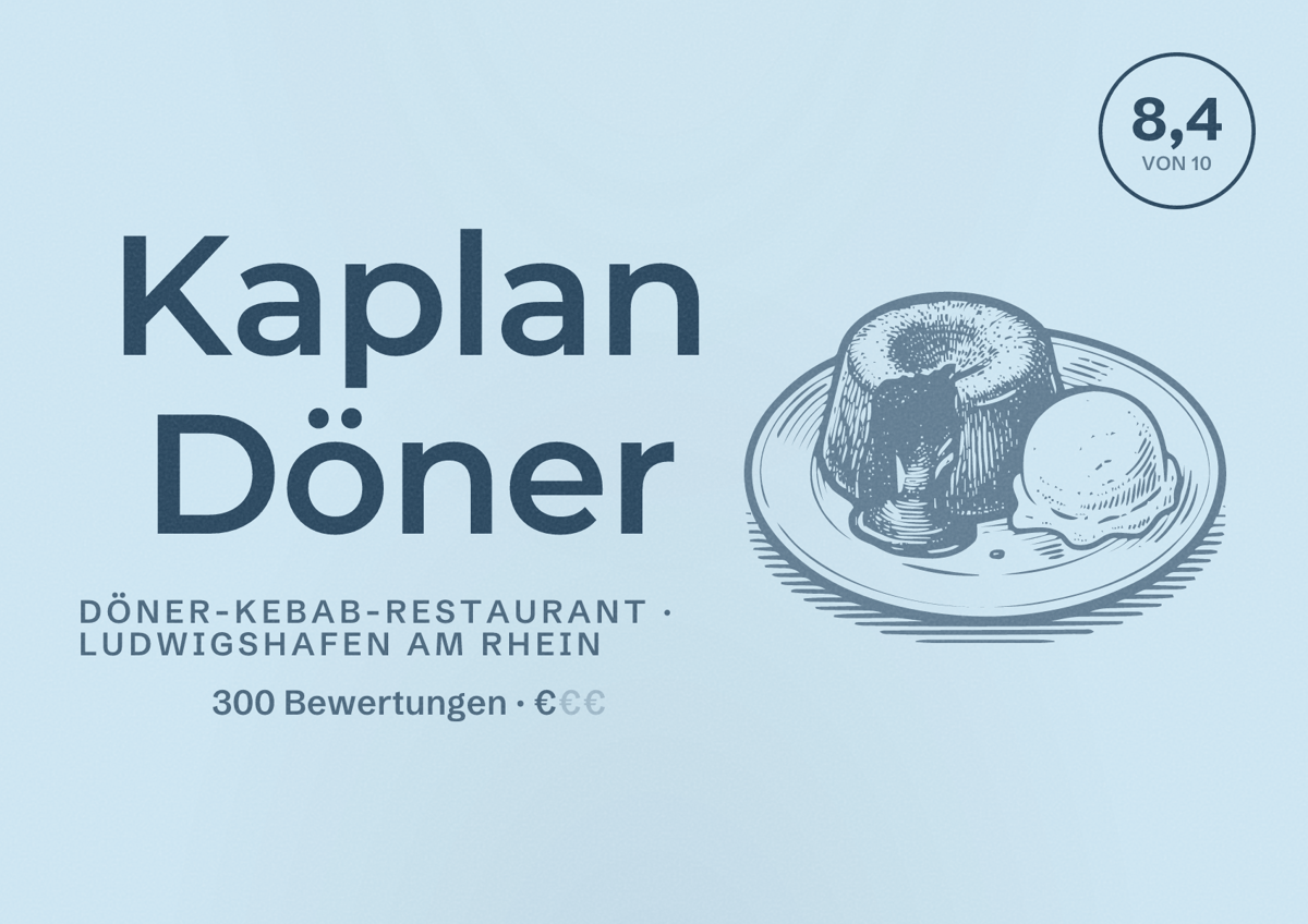 Illustriertes Poster von Kaplan Döner, Döner-Kebab-Restaurant in Ludwigshafen am Rhein: Bewertung 8,4 von 10 aus 300 Bewertungen, Preisniveau €