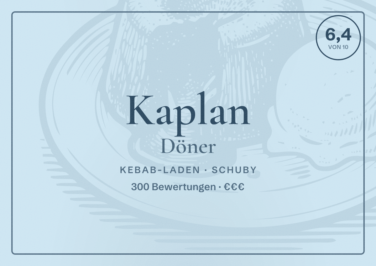 Illustriertes Poster von Kaplan Döner, Kebab-Laden in Schuby: Bewertung 6,4 von 10 aus 300 Bewertungen, Preisniveau €€€