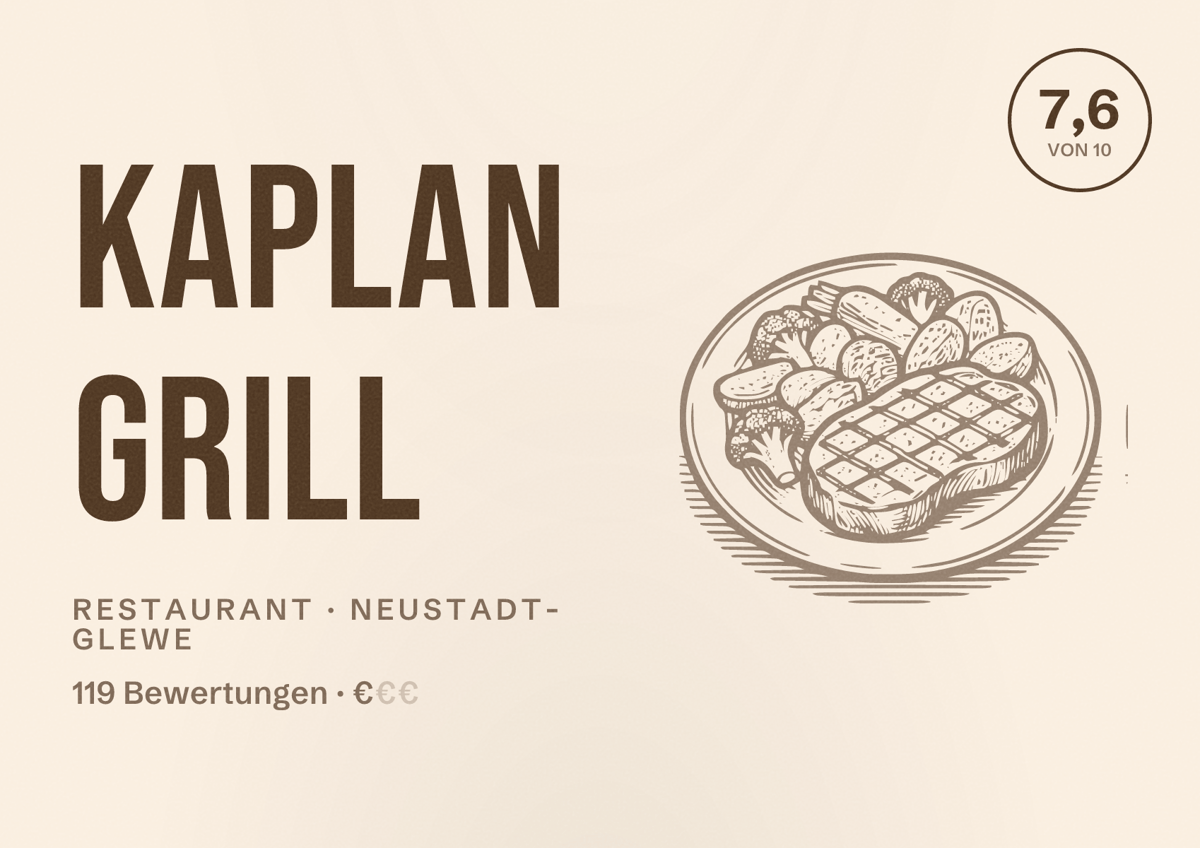 Illustriertes Poster von Kaplan Grill, Restaurant in Neustadt-Glewe: Bewertung 7,6 von 10 aus 119 Bewertungen, Preisniveau €