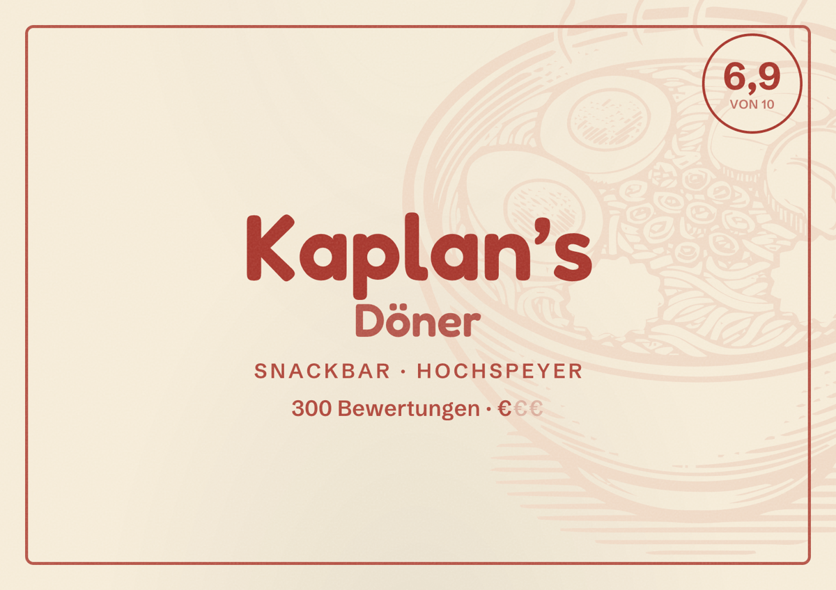 Illustriertes Poster von Kaplan’s Döner, Snackbar in Hochspeyer: Bewertung 6,9 von 10 aus 300 Bewertungen, Preisniveau €