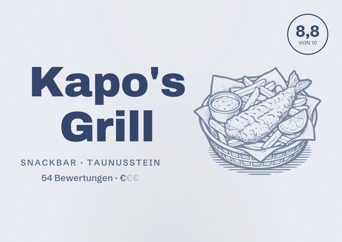 Illustriertes Poster von Kapo's Grill, Snackbar in Taunusstein: Bewertung 8,8 von 10 aus 54 Bewertungen, Preisniveau €