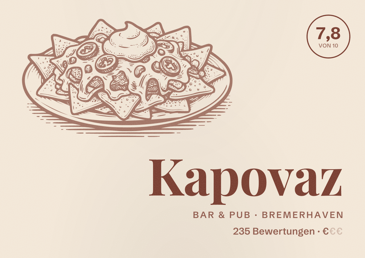 Illustriertes Poster von Kapovaz, Bar & Pub in Bremerhaven: Bewertung 7,8 von 10 aus 235 Bewertungen, Preisniveau €