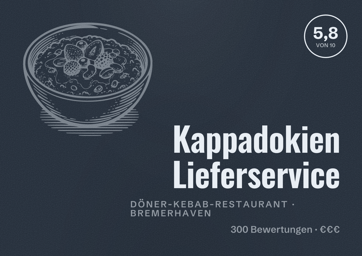 Illustriertes Poster von Kappadokien Lieferservice, Döner-Kebab-Restaurant in Bremerhaven: Bewertung 5,8 von 10 aus 300 Bewertungen, Preisniveau €€€