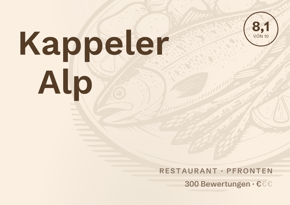 Illustriertes Poster von Kappeler Alp, Restaurant in Pfronten: Bewertung 8,1 von 10 aus 300 Bewertungen, Preisniveau €