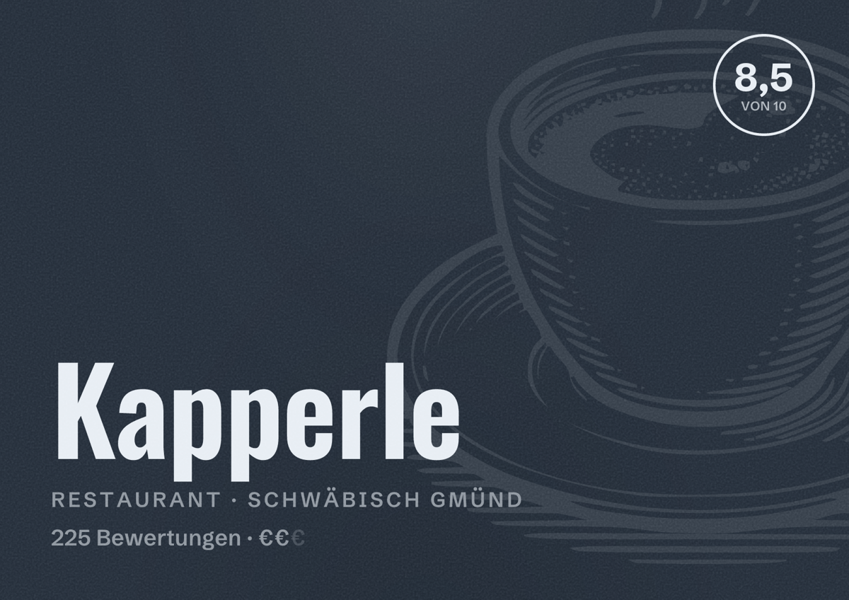 Illustriertes Poster von Kapperle, Restaurant in Schwäbisch Gmünd: Bewertung 8,5 von 10 aus 225 Bewertungen, Preisniveau €€