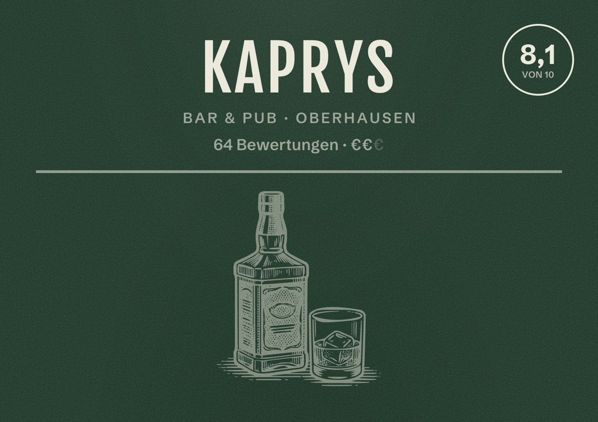 Illustriertes Poster von Kaprys, Bar & Pub in Oberhausen: Bewertung 8,1 von 10 aus 64 Bewertungen, Preisniveau €€