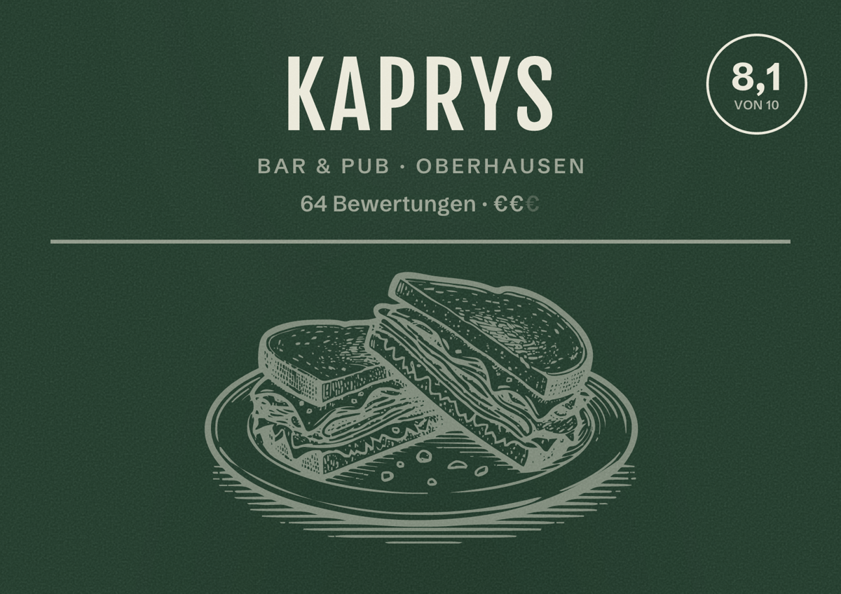 Illustriertes Poster von Kaprys, Bar & Pub in Oberhausen: Bewertung 8,1 von 10 aus 64 Bewertungen, Preisniveau €€