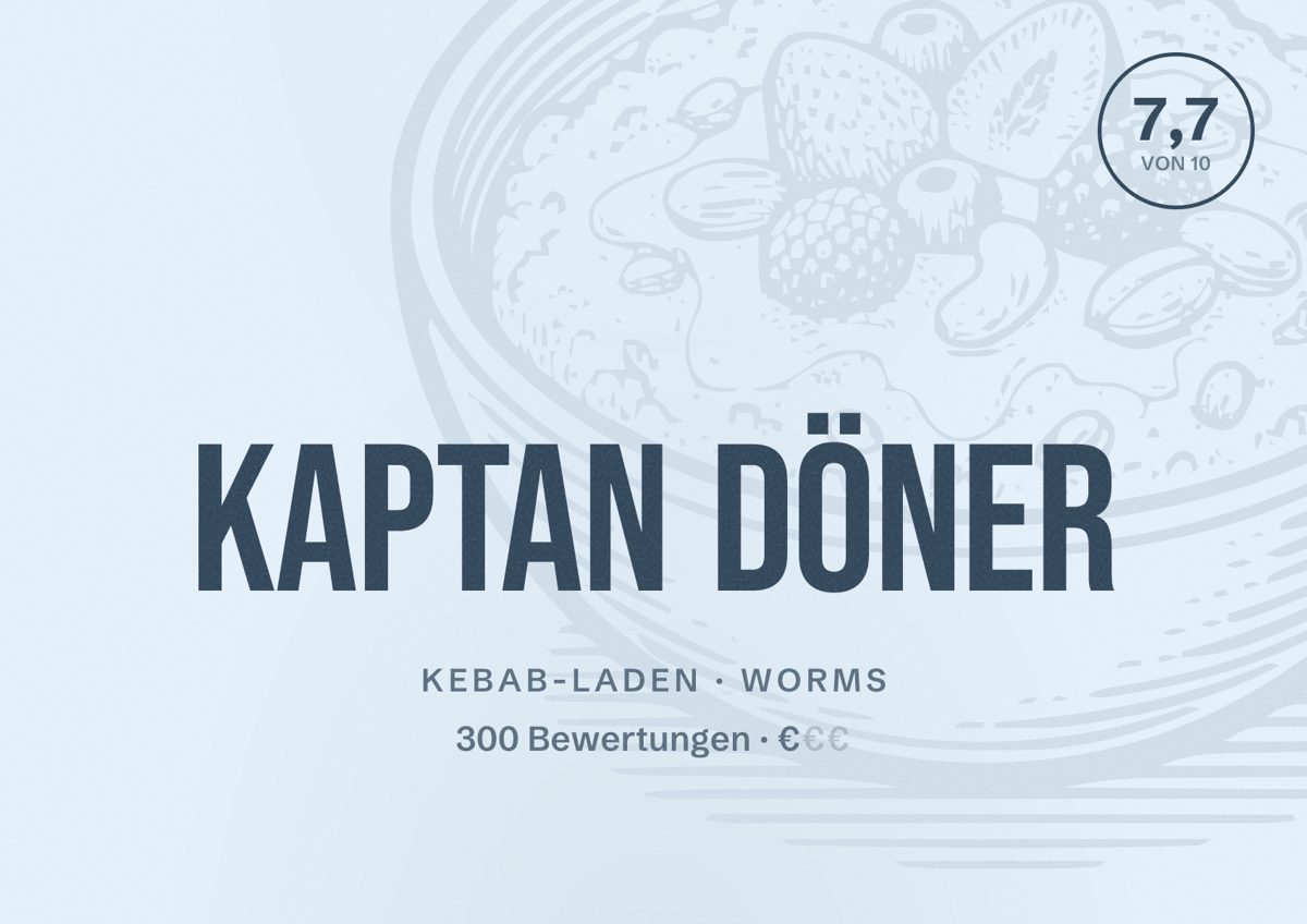 Illustriertes Poster von Kaptan Döner, Kebab-Laden in Worms: Bewertung 7,7 von 10 aus 300 Bewertungen, Preisniveau €