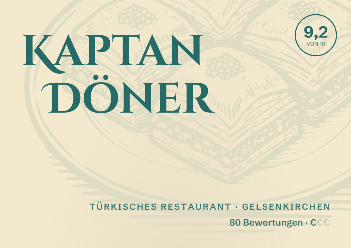 Illustriertes Poster von Kaptan Döner, Türkisches Restaurant in Gelsenkirchen: Bewertung 9,2 von 10 aus 80 Bewertungen, Preisniveau €