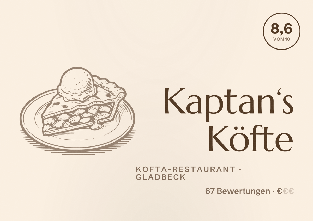 Illustriertes Poster von Kaptan‘s Köfte, Kofta-Restaurant in Gladbeck: Bewertung 8,6 von 10 aus 67 Bewertungen, Preisniveau €