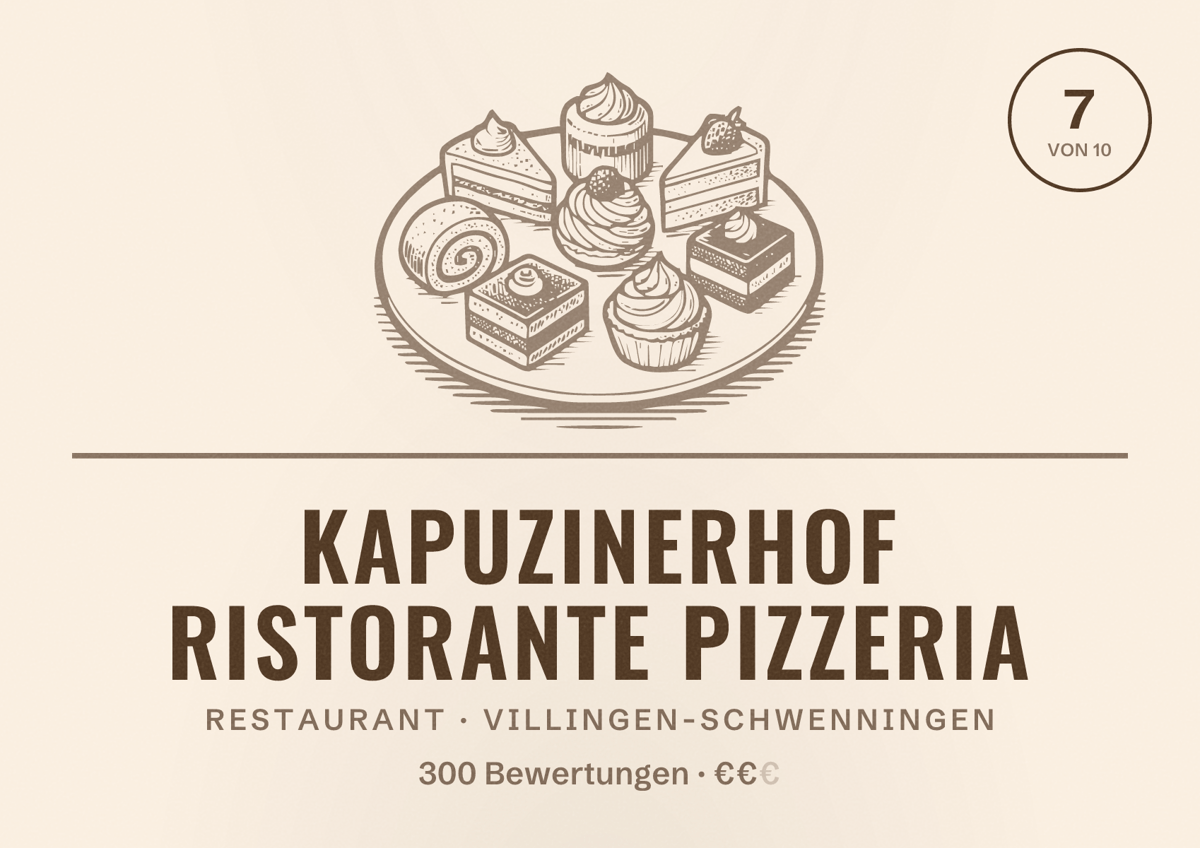 Illustriertes Poster von Kapuzinerhof Ristorante Pizzeria, Restaurant in Villingen-Schwenningen: Bewertung 7 von 10 aus 300 Bewertungen, Preisniveau €€