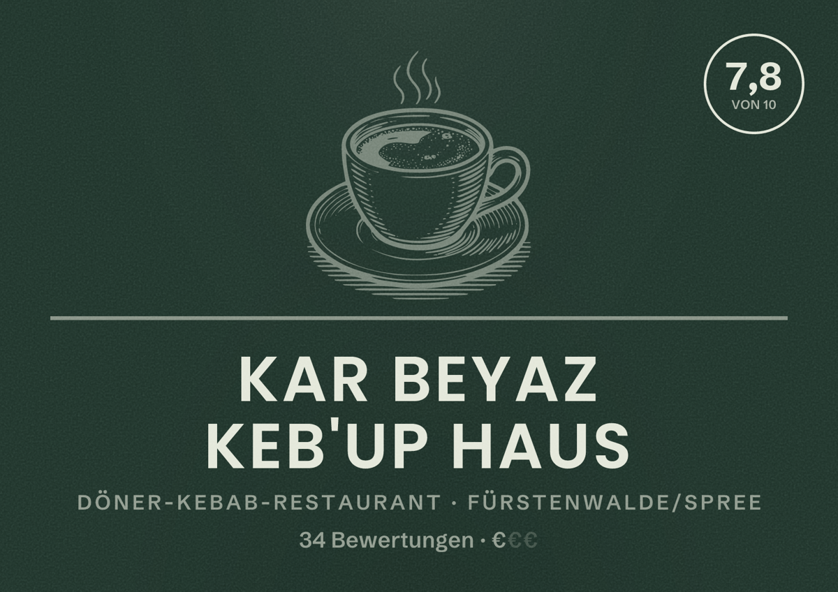 Illustriertes Poster von Kar Beyaz Keb'up Haus, Döner-Kebab-Restaurant in Fürstenwalde/Spree: Bewertung 7,8 von 10 aus 34 Bewertungen, Preisniveau €