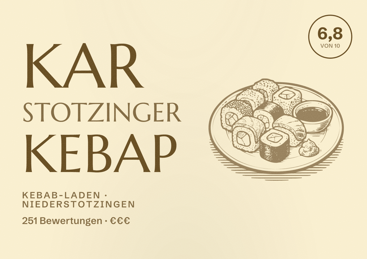 Illustriertes Poster von Kar Stotzinger Kebap, Kebab-Laden in Niederstotzingen: Bewertung 6,8 von 10 aus 251 Bewertungen, Preisniveau €€€