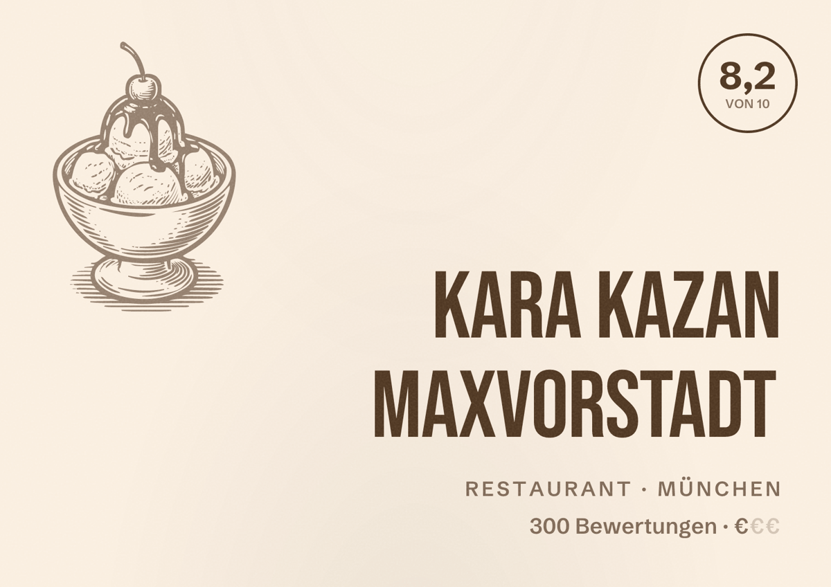 Illustriertes Poster von Kara Kazan Maxvorstadt, Restaurant in München: Bewertung 8,2 von 10 aus 300 Bewertungen, Preisniveau €