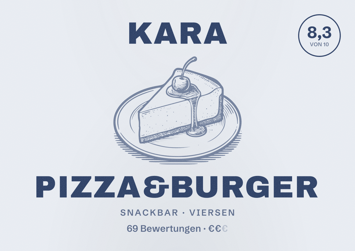 Illustriertes Poster von Kara Pizza&Burger, Snackbar in Viersen: Bewertung 8,3 von 10 aus 69 Bewertungen, Preisniveau €€