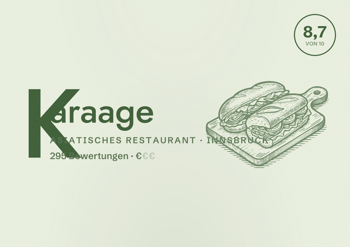 Illustriertes Poster von Karaage, Asiatisches Restaurant in Innsbruck: Bewertung 8,7 von 10 aus 295 Bewertungen, Preisniveau €