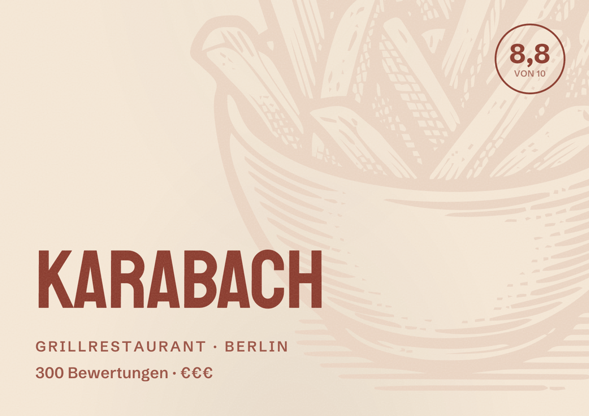 Illustriertes Poster von Karabach, Grillrestaurant in Berlin: Bewertung 8,8 von 10 aus 300 Bewertungen, Preisniveau €€€