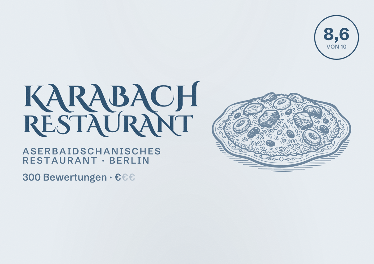 Illustriertes Poster von Karabach Restaurant, Aserbaidschanisches Restaurant in Berlin: Bewertung 8,6 von 10 aus 300 Bewertungen, Preisniveau €