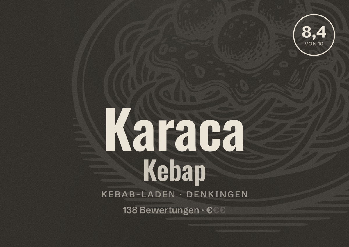 Illustriertes Poster von Karaca Kebap, Kebab-Laden in Denkingen: Bewertung 8,4 von 10 aus 138 Bewertungen, Preisniveau €