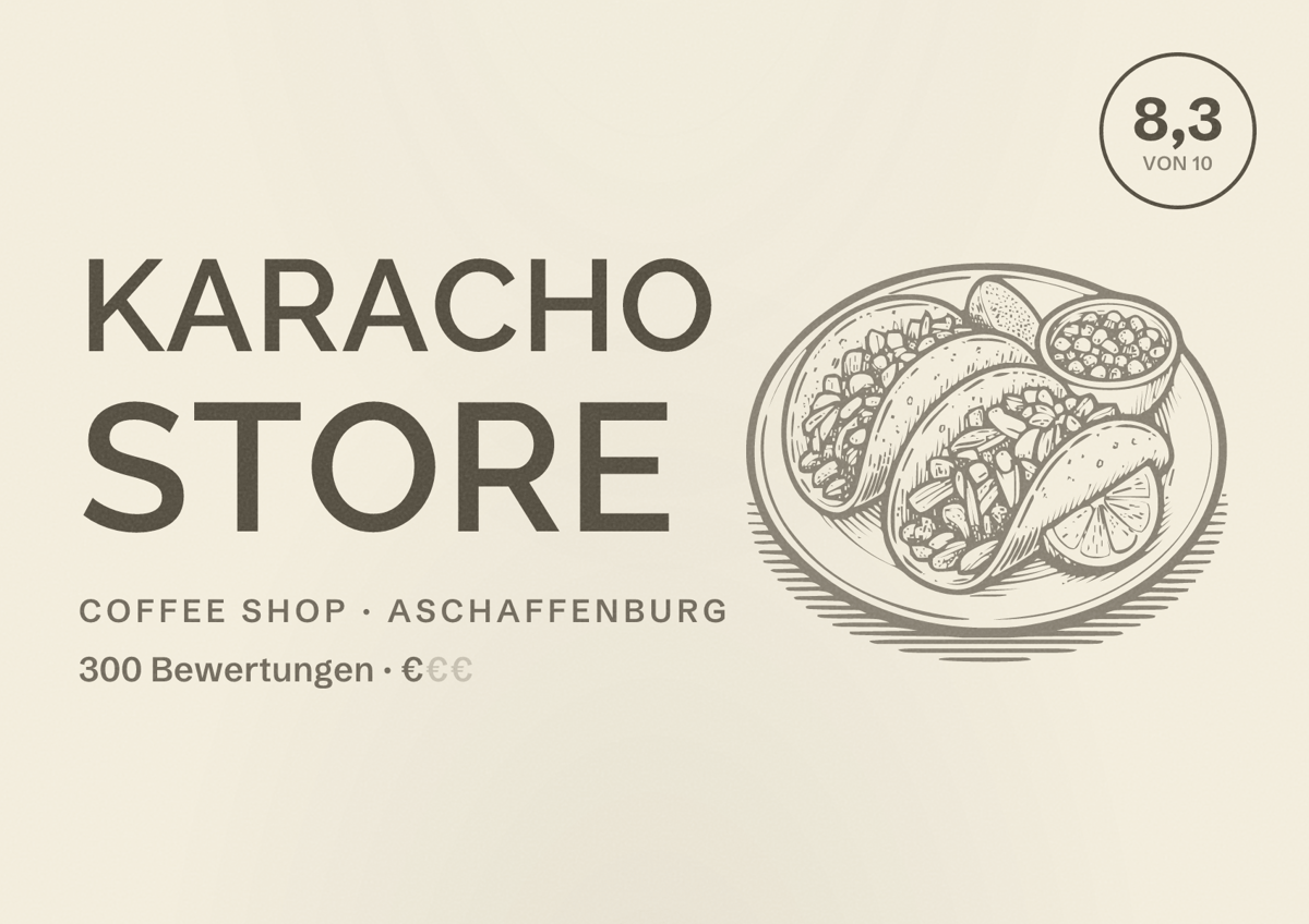 Illustriertes Poster von KARACHO Store, Coffee Shop in Aschaffenburg: Bewertung 8,3 von 10 aus 300 Bewertungen, Preisniveau €