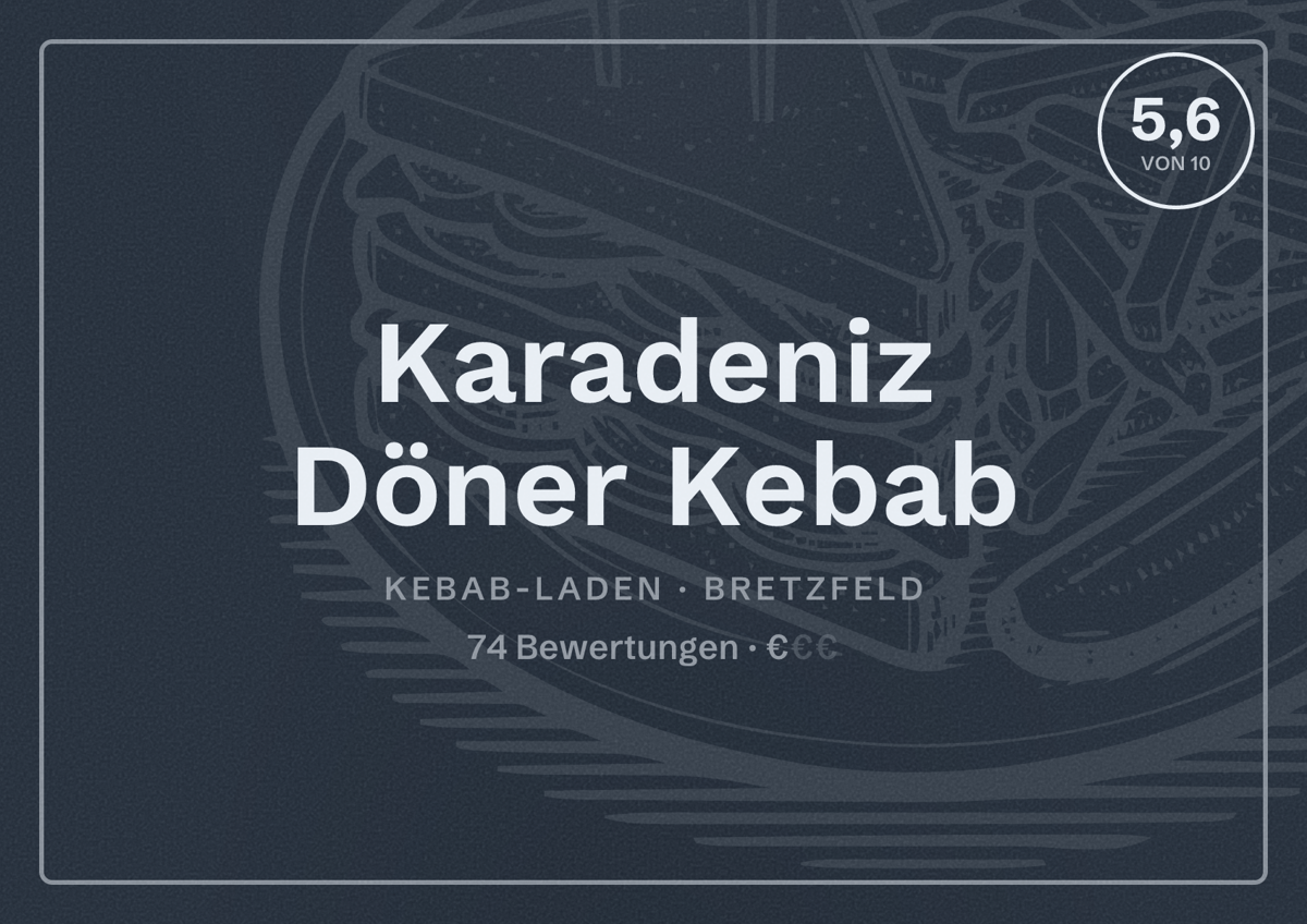 Illustriertes Poster von Karadeniz Döner Kebab, Kebab-Laden in Bretzfeld: Bewertung 5,6 von 10 aus 74 Bewertungen, Preisniveau €
