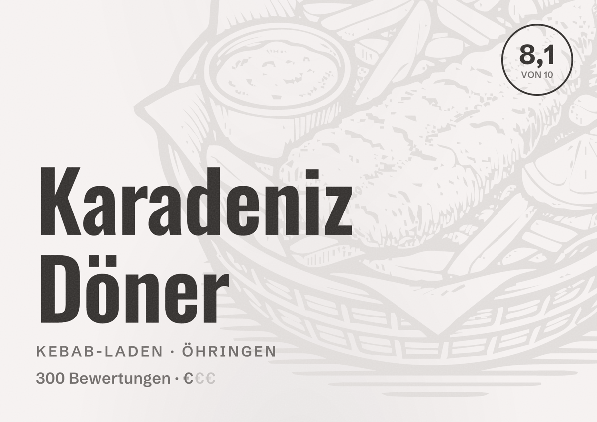 Illustriertes Poster von Karadeniz Döner, Kebab-Laden in Öhringen: Bewertung 8,1 von 10 aus 300 Bewertungen, Preisniveau €
