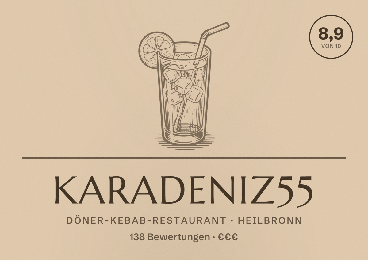 Illustriertes Poster von Karadeniz55, Döner-Kebab-Restaurant in Heilbronn: Bewertung 8,9 von 10 aus 138 Bewertungen, Preisniveau €€€