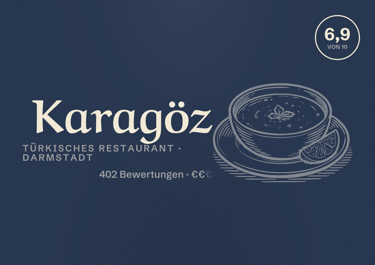 Illustriertes Poster von Karagöz, Türkisches Restaurant in Darmstadt: Bewertung 6,9 von 10 aus 402 Bewertungen, Preisniveau €€