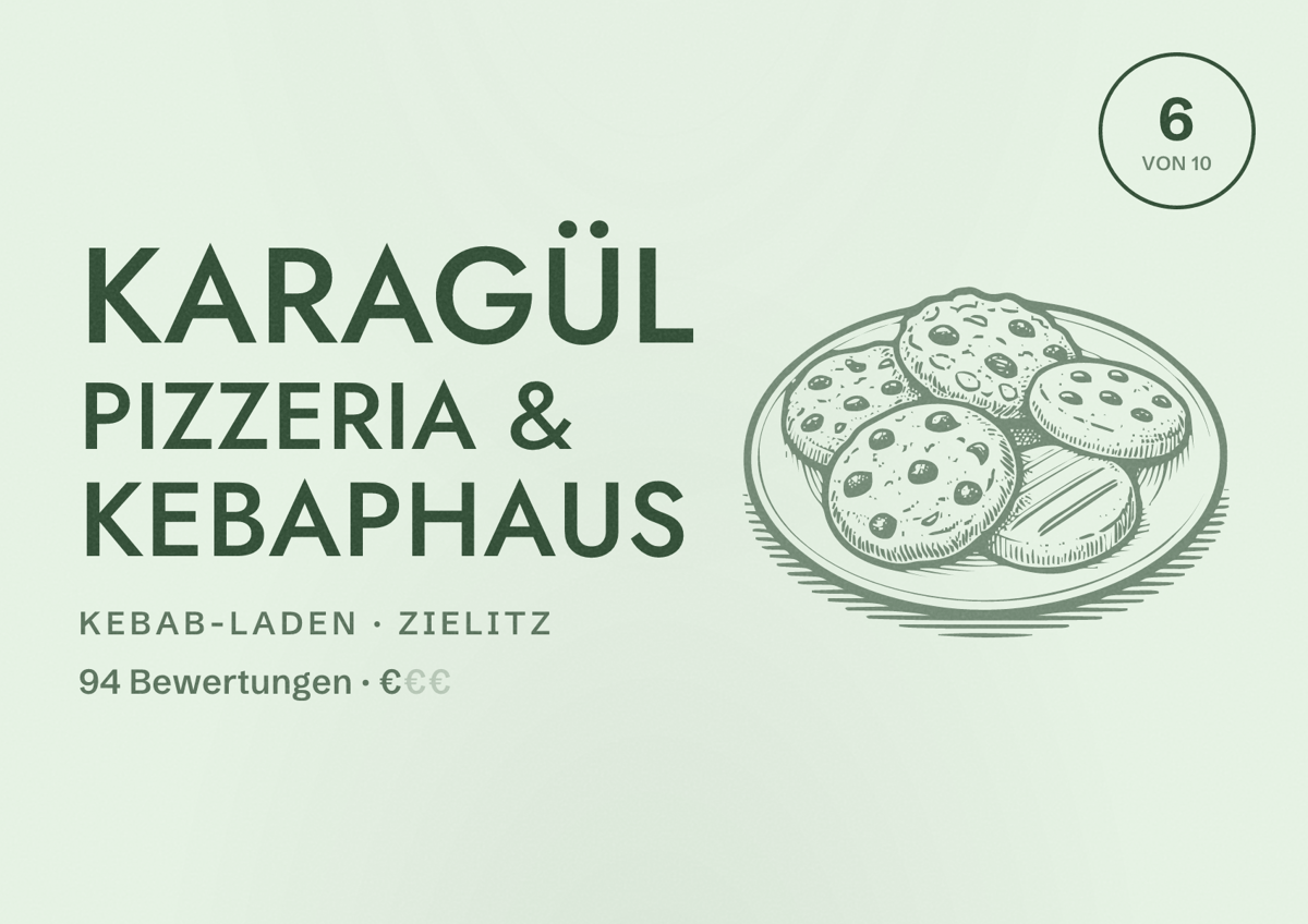 Illustriertes Poster von KARAGÜL Pizzeria & Kebaphaus, Kebab-Laden in Zielitz: Bewertung 6 von 10 aus 94 Bewertungen, Preisniveau €