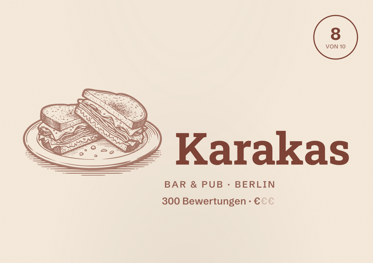 Illustriertes Poster von Karakas, Bar & Pub in Berlin: Bewertung 8,0 von 10 aus 300 Bewertungen, Preisniveau €