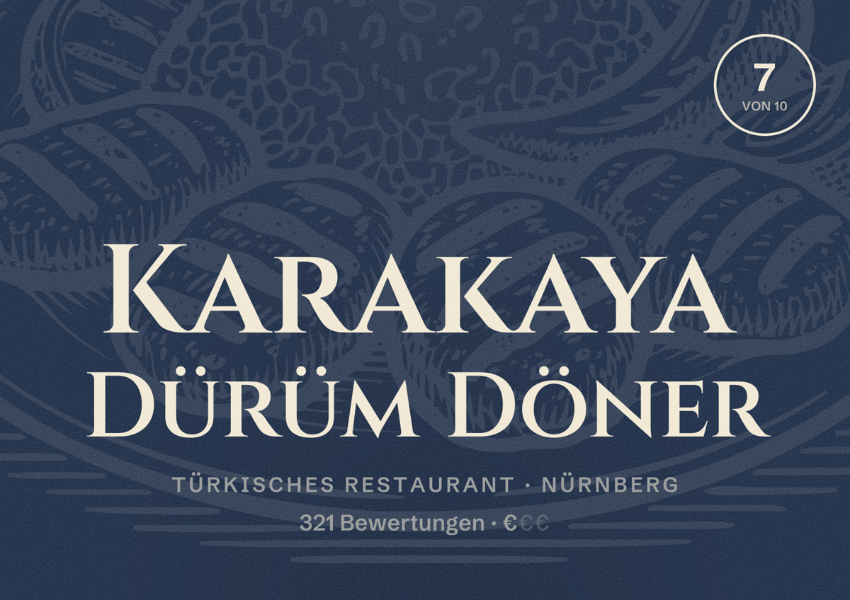 Illustriertes Poster von Karakaya Dürüm Döner, Türkisches Restaurant in Nürnberg: Bewertung 7 von 10 aus 321 Bewertungen, Preisniveau €