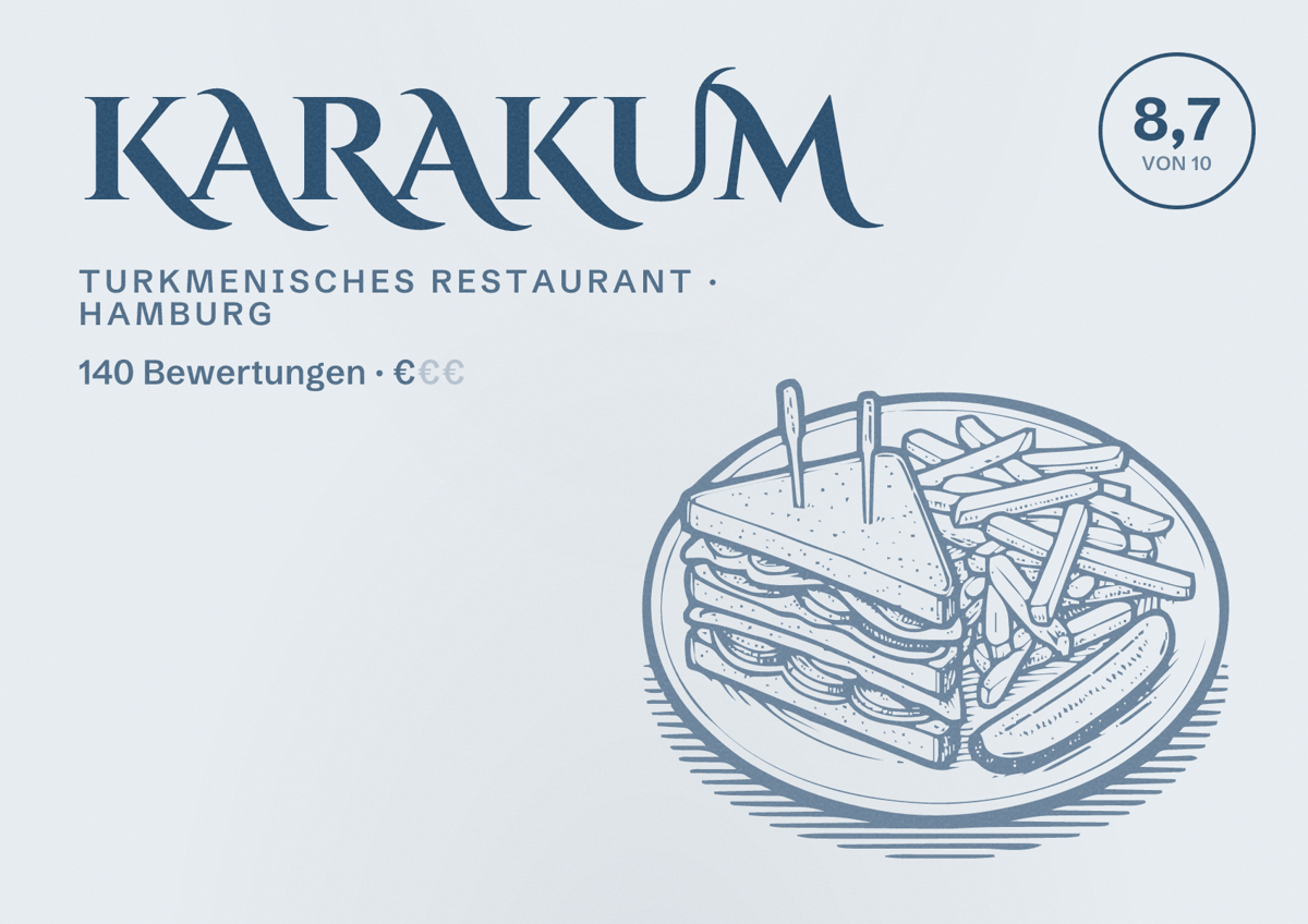 Illustriertes Poster von Karakum, Turkmenisches Restaurant in Hamburg: Bewertung 8,7 von 10 aus 140 Bewertungen, Preisniveau €
