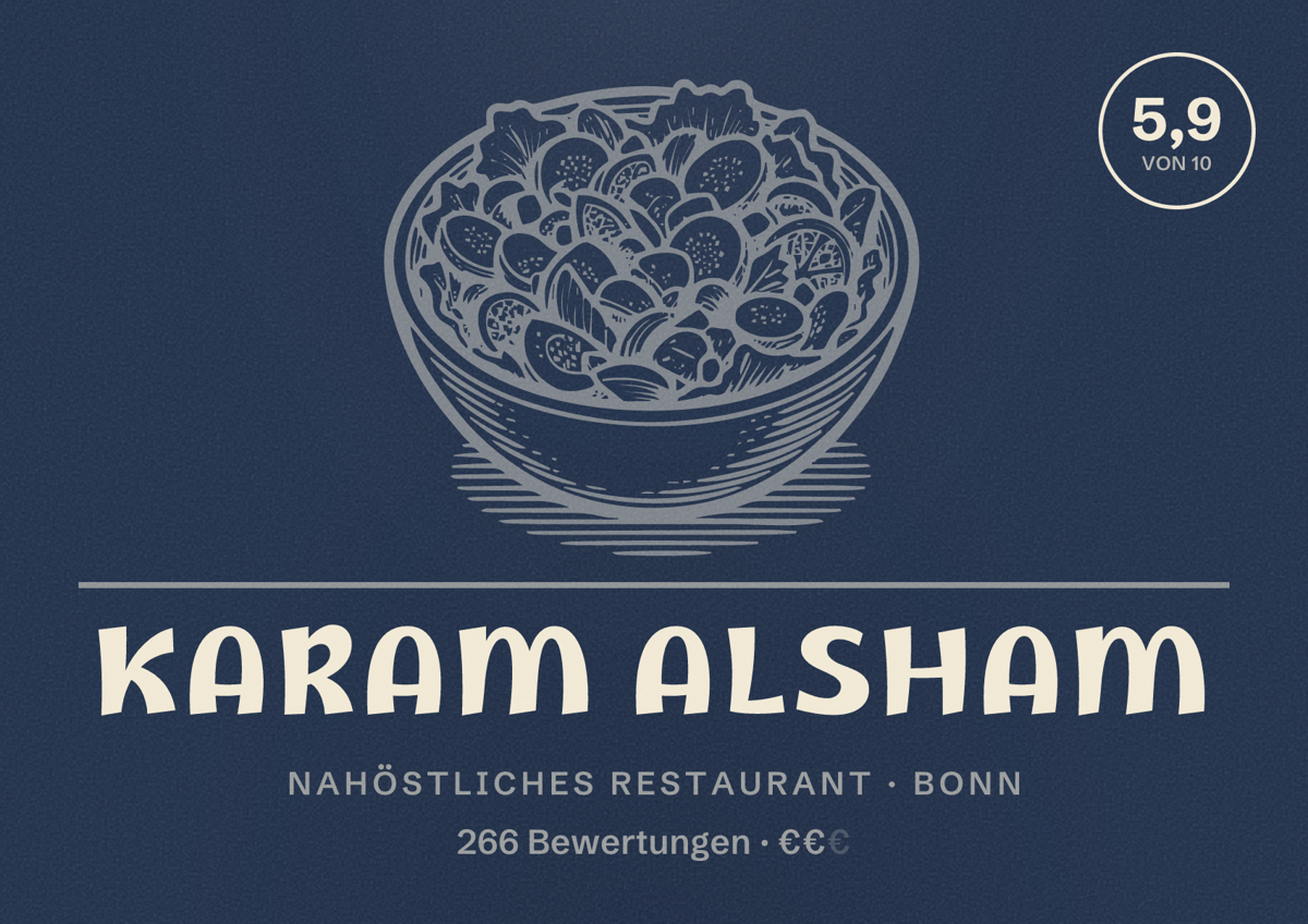 Illustriertes Poster von Karam Alsham, Nahöstliches Restaurant in Bonn: Bewertung 5,9 von 10 aus 266 Bewertungen, Preisniveau €€
