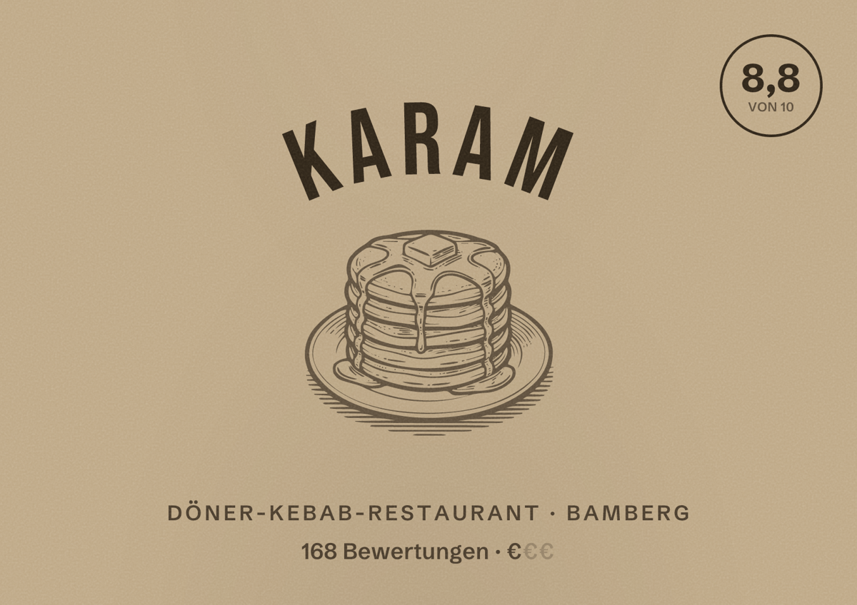 Illustriertes Poster von Karam, Döner-Kebab-Restaurant in Bamberg: Bewertung 8,8 von 10 aus 168 Bewertungen, Preisniveau €