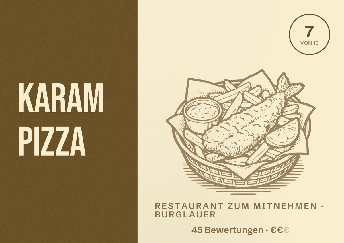 Illustriertes Poster von Karam Pizza, Restaurant zum Mitnehmen in Burglauer: Bewertung 7 von 10 aus 45 Bewertungen, Preisniveau €€