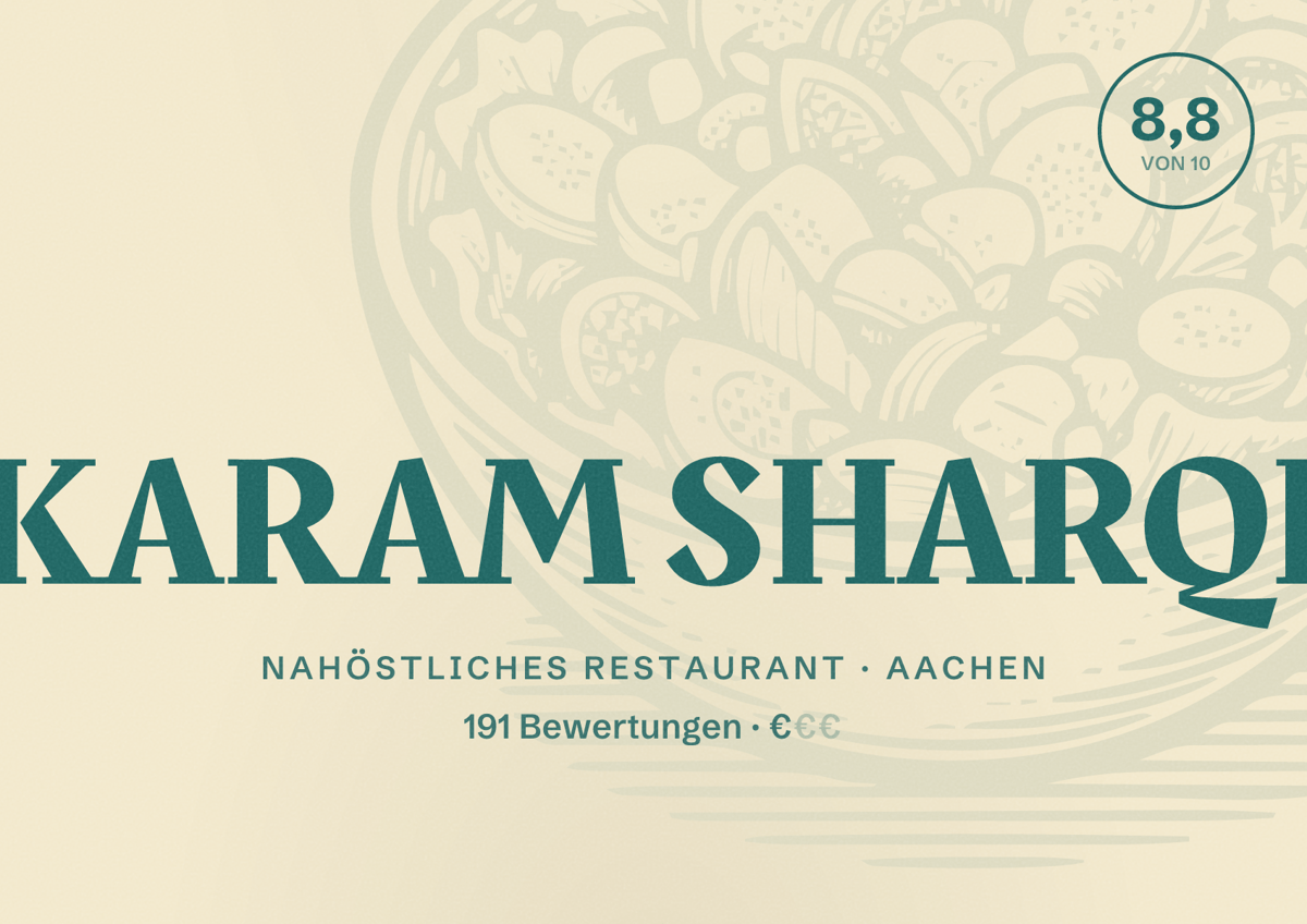 Illustriertes Poster von KARAM SHARQI, Nahöstliches Restaurant in Aachen: Bewertung 8,8 von 10 aus 191 Bewertungen, Preisniveau €