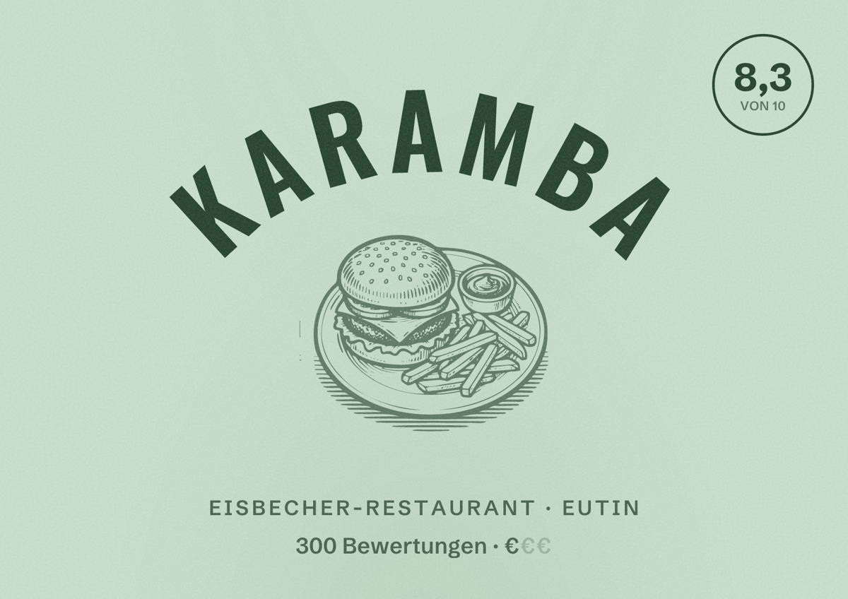 Illustriertes Poster von KARAMBA, Eisbecher-Restaurant in Eutin: Bewertung 8,3 von 10 aus 300 Bewertungen, Preisniveau €
