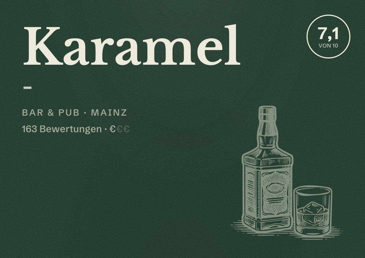Illustriertes Poster von Karamel -, Bar & Pub in Mainz: Bewertung 7,1 von 10 aus 163 Bewertungen, Preisniveau €