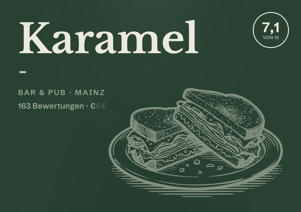 Illustriertes Poster von Karamel -, Bar & Pub in Mainz: Bewertung 7,1 von 10 aus 163 Bewertungen, Preisniveau €