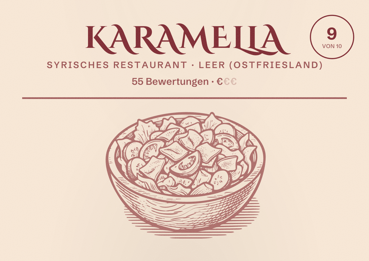 Illustriertes Poster von Karamella, Syrisches Restaurant in Leer (Ostfriesland): Bewertung 9 von 10 aus 55 Bewertungen, Preisniveau €